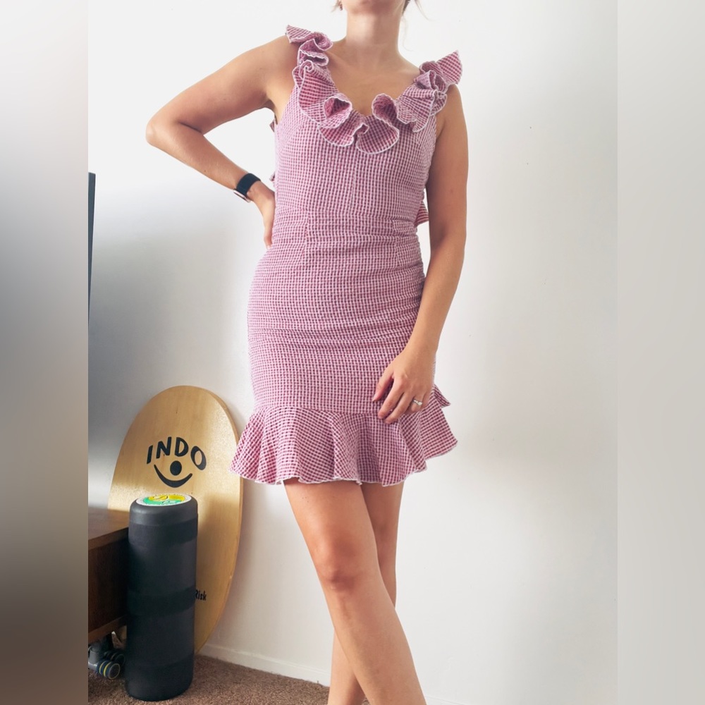 WAYF Pink Checkered Ruffle Sleeveless Dress